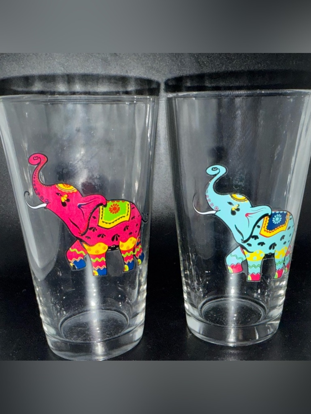 2 Decorative Elephant glasses.  16oz